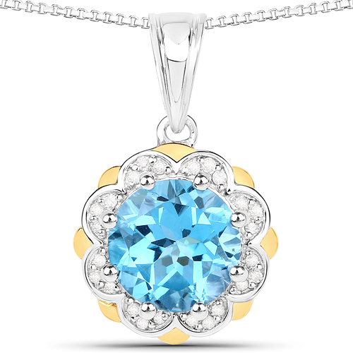 Pendants-2.32 Carat Genuine Swiss Blue Topaz and White Diamond 14K Yellow Gold with .925 Sterling Silver Pendant