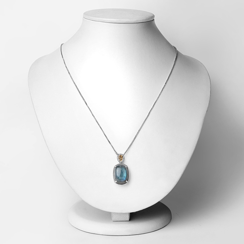 11.05 Carat Genuine Labradorite and White Diamond 14K Yellow Gold with .925 Sterling Silver Pendant