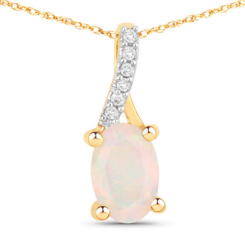 Opal-0.257 Carat Genuine Ethiopian Opal and White Diamond 10K Yellow Gold Pendant