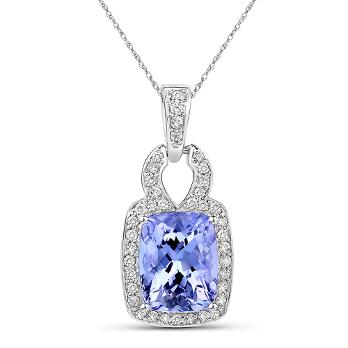 3.46 Carat Genuine Tanzanite and White Diamond 14K White Gold Pendant