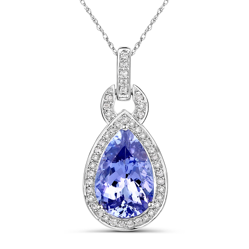 3.43 Carat Genuine Tanzanite and White Diamond 14K White Gold Pendant