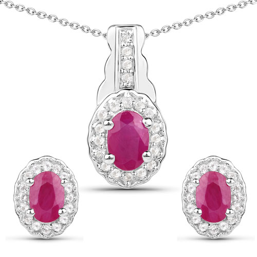 Ruby-1.82 Carat Genuine Ruby and White Topaz .925 Sterling Silver Set (Earrings, and Pendant )