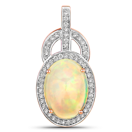 Opal-4.04 Carat Genuine Ethiopian Opal and White Diamond 14K Rose Gold Pendant