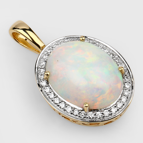 4.56 Carat Genuine Ethiopian Opal and White Diamond 14K Yellow Gold Pendant