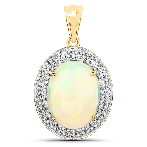 Opal-6.72 Carat Genuine Ethiopian Opal and White Diamond 14K Yellow Gold Pendant