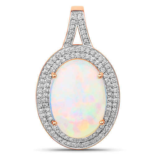 Opal-8.15 Carat Genuine Ethiopian Opal and White Diamond 14K Rose Gold Pendant