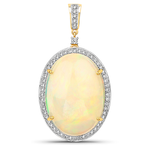 Opal-17.72 Carat Genuine Ethiopian Opal and White Diamond 14K Yellow Gold Pendant