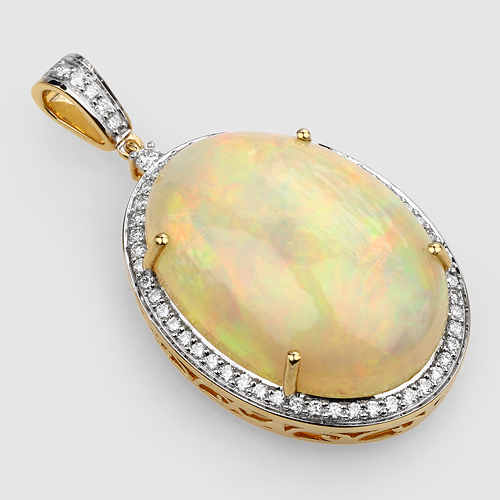 17.72 Carat Genuine Ethiopian Opal and White Diamond 14K Yellow Gold Pendant