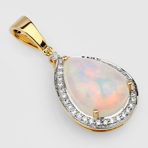 4.41 Carat Genuine Ethiopian Opal and White Diamond 14K Yellow Gold Pendant