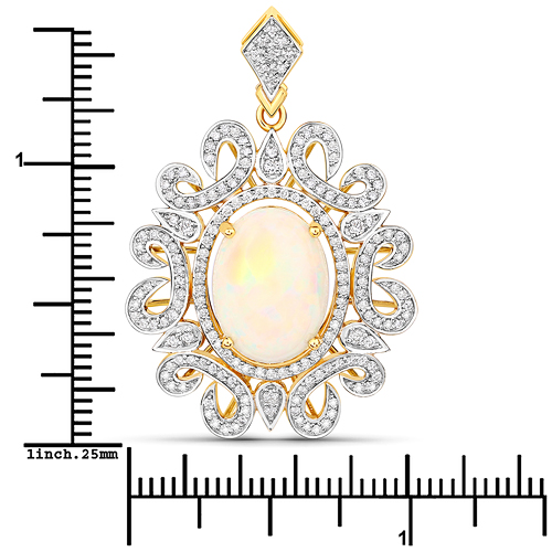 7.36 Carat Genuine Ethiopian Opal and White Diamond 14K Yellow Gold Pendant