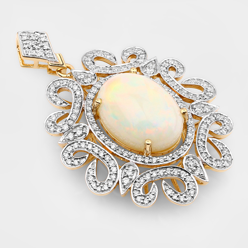 7.36 Carat Genuine Ethiopian Opal and White Diamond 14K Yellow Gold Pendant