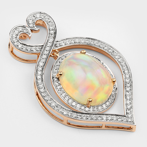5.69 Carat Genuine Ethiopian Opal and White Diamond 14K Rose Gold Pendant