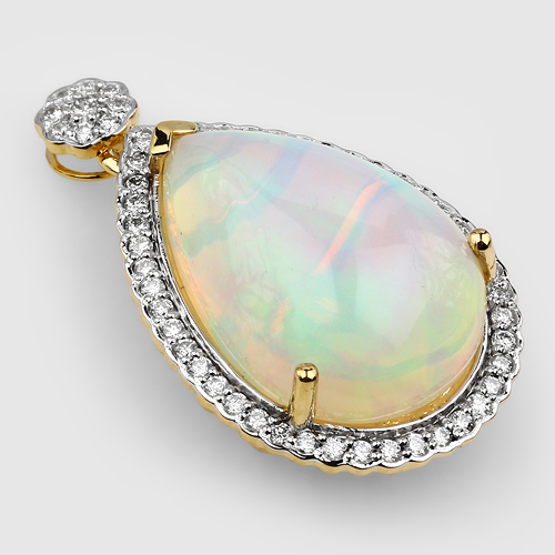 8.26 Carat Genuine Ethiopian Opal and White Diamond 14K Yellow Gold Pendant