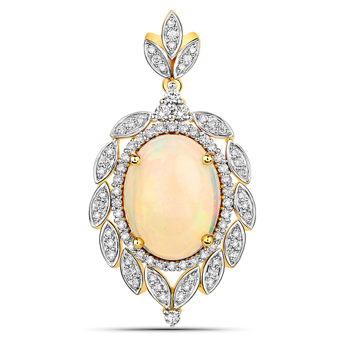 Opal-6.79 Carat Genuine Ethiopian Opal and White Diamond 14K Yellow Gold Pendant