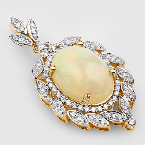 6.79 Carat Genuine Ethiopian Opal and White Diamond 14K Yellow Gold Pendant