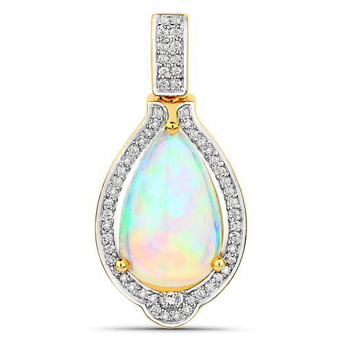 Opal-4.08 Carat Genuine Ethiopian Opal and White Diamond 14K Yellow Gold Pendant