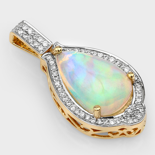 4.08 Carat Genuine Ethiopian Opal and White Diamond 14K Yellow Gold Pendant