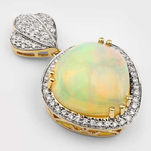 9.19 Carat Genuine Ethiopian Opal and White Diamond 14K Yellow Gold Pendant