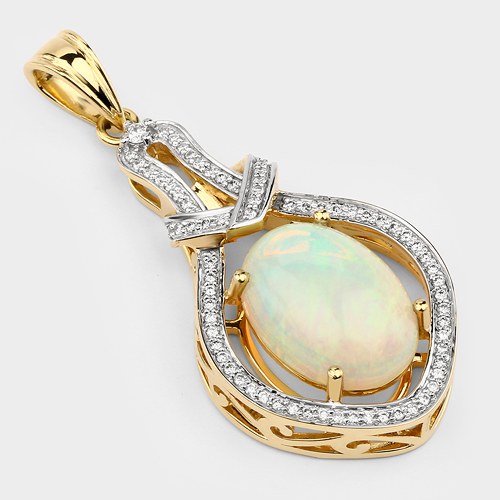 5.10 Carat Genuine Ethiopian Opal and White Diamond 14K Yellow Gold Pendant