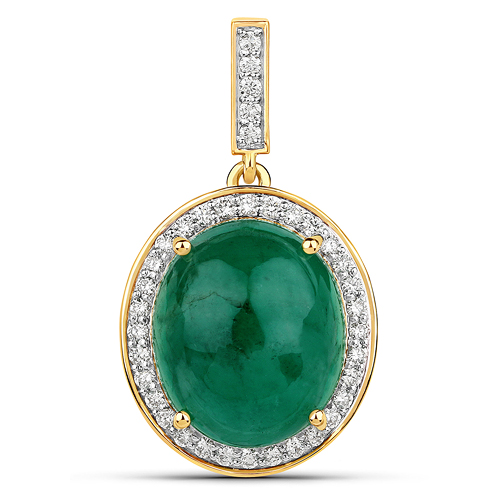 Emerald-12.66 Carat Genuine Brazilian Emerald and White Diamond 14K Yellow Gold Pendant