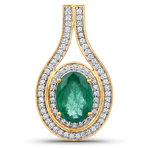 Emerald-4.62 Carat Genuine Brazilian Emerald and White Diamond 18K Yellow Gold Pendant