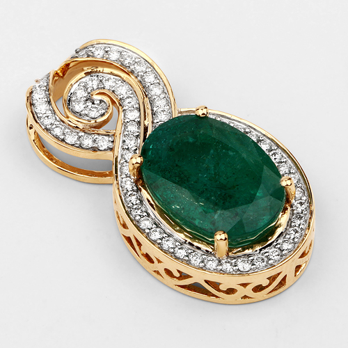 5.71 Carat Genuine Brazilian Emerald and White Diamond 18K Yellow Gold Pendant