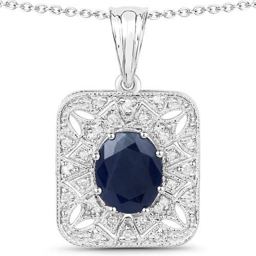 Sapphire-3.55 Carat Genuine Blue Sapphire and White Diamond .925 Sterling Silver Pendant
