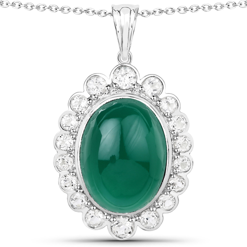 Pendants-18.90 Carat Genuine Green Onyx and White Topaz .925 Sterling Silver Pendant