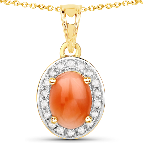 Pendants-1.22 Carat Genuine Pink Coral and White Diamond .925 Sterling Silver Pendant
