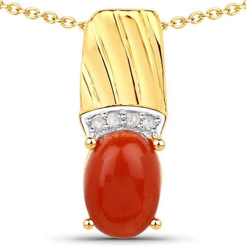 1.58 Carat Genuine Red Coral and White Diamond .925 Sterling Silver Pendant