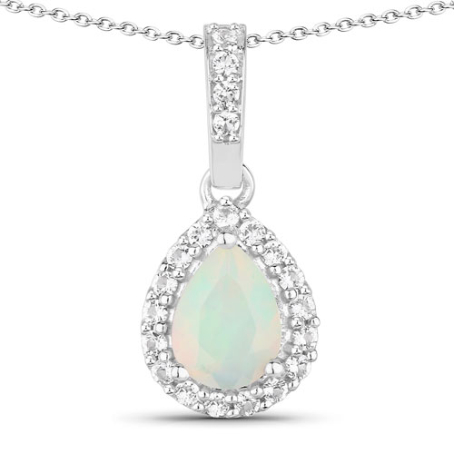 Opal-1.13 Carat Genuine Ethiopian Opal and Created White Sapphire .925 Sterling Silver Pendant