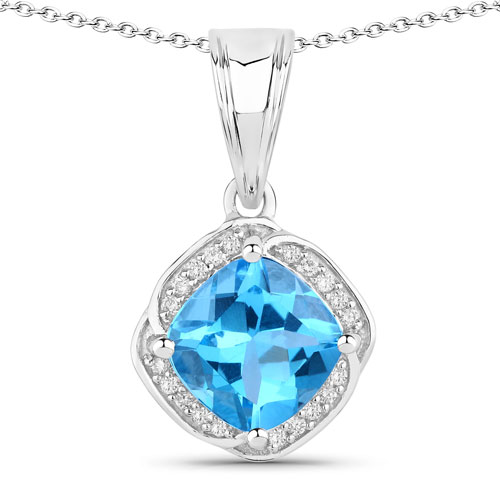 Pendants-2.40 Carat Genuine Swiss Blue Topaz and Lab Grown Diamond .925 Sterling Silver Pendant