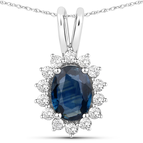 Sapphire-1.15 Carat Genuine Blue Sapphire and White Diamond 14K White Gold Pendant