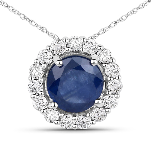 Sapphire-1.21 Carat Genuine Blue Sapphire and White Diamond 14K White Gold Pendant