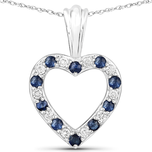 Sapphire-0.40 Carat Genuine Blue Sapphire and White Diamond 14K White Gold Pendant
