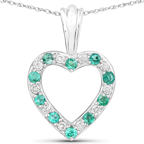 Emerald-0.30 Carat Genuine Zambian Emerald and White Diamond 14K White Gold Pendant