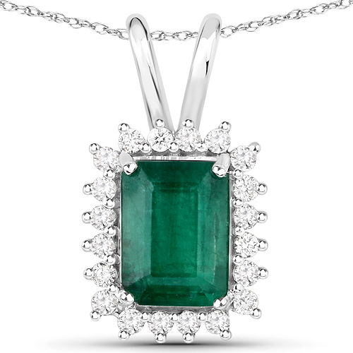 Emerald-1.09 Carat Genuine Zambian Emerald and White Diamond 14K White Gold Pendant