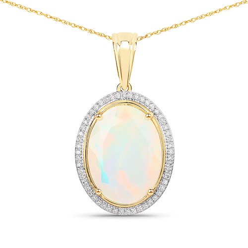 Opal-4.36 Carat Genuine Ethiopian Opal and White Diamond 14K Yellow Gold Pendant