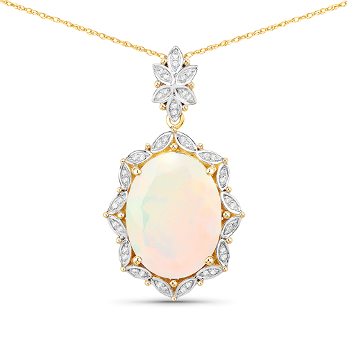 Opal-5.19 Carat Genuine Ethiopian Opal and White Diamond 14K Yellow Gold Pendant