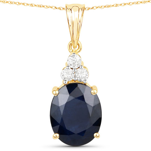 Sapphire-3.22 Carat Genuine Blue Sapphire and White Diamond 14K Yellow Gold Pendant
