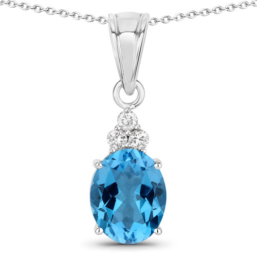 Pendants-2.67 Carat Genuine Swiss Blue Topaz and Lab Grown Diamond .925 Sterling Silver Pendant