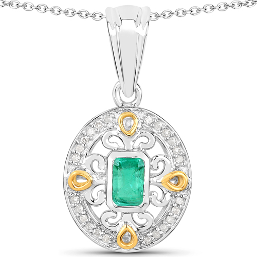 0.35 Carat Genuine Zambian Emerald and White Diamond .925 Sterling Silver Pendant