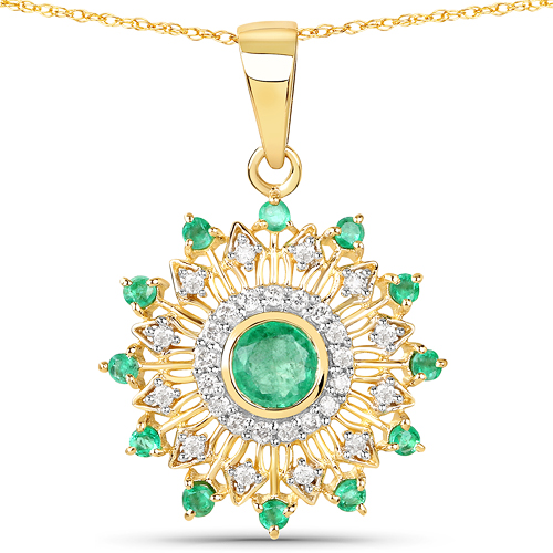Emerald-0.60 Carat Genuine Zambian Emerald and White Diamond 14K Yellow Gold Pendant