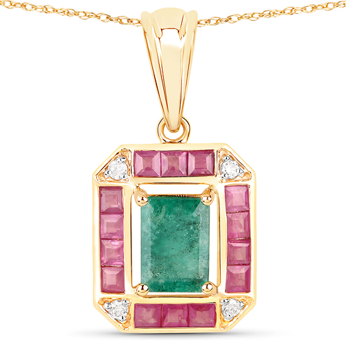 Emerald-1.83 Carat Genuine Zambian Emerald, Ruby and White Diamond 14K Yellow Gold Pendant