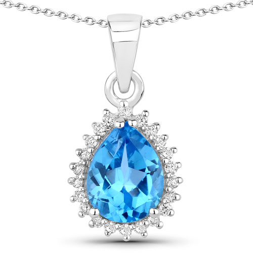 Pendants-2.07 Carat Genuine Swiss Blue Topaz and Lab Grown Diamond .925 Sterling Silver Pendant