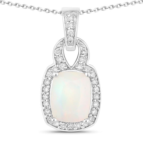 Opal-1.23 Carat Genuine Ethiopian Opal and Lab Grown Diamond .925 Sterling Silver Pendant