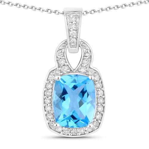 Pendants-2.88 Carat Genuine Swiss Blue Topaz and Lab Grown Diamond .925 Sterling Silver Pendant