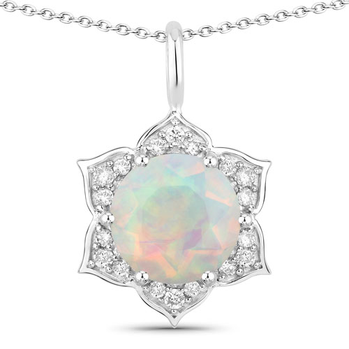 Opal-1.03 Carat Genuine Ethiopian Opal and Lab Grown Diamond .925 Sterling Silver Pendant