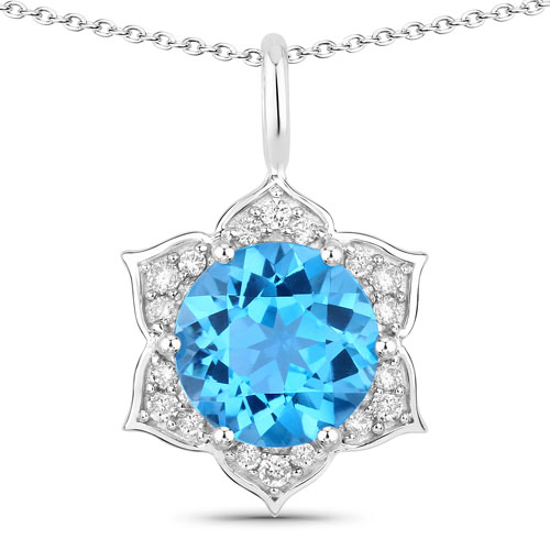 Pendants-2.38 Carat Genuine Swiss Blue Topaz and Lab Grown Diamond .925 Sterling Silver Pendant