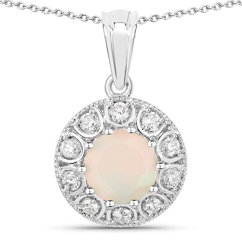 Opal-1.25 Carat Genuine Ethiopian Opal and Lab Grown Diamond .925 Sterling Silver Pendant